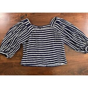 Banana Republic Navy/White Striped Balloon Sleeve Cropped Blouse Women's Size L